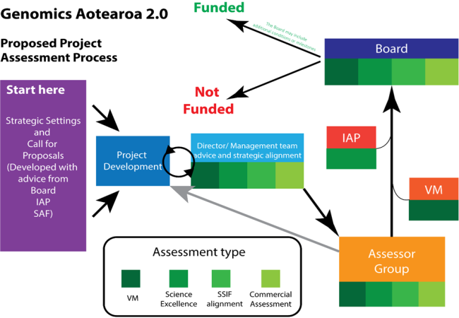 A diagram showing the Genomics Aotearoa project assessment process